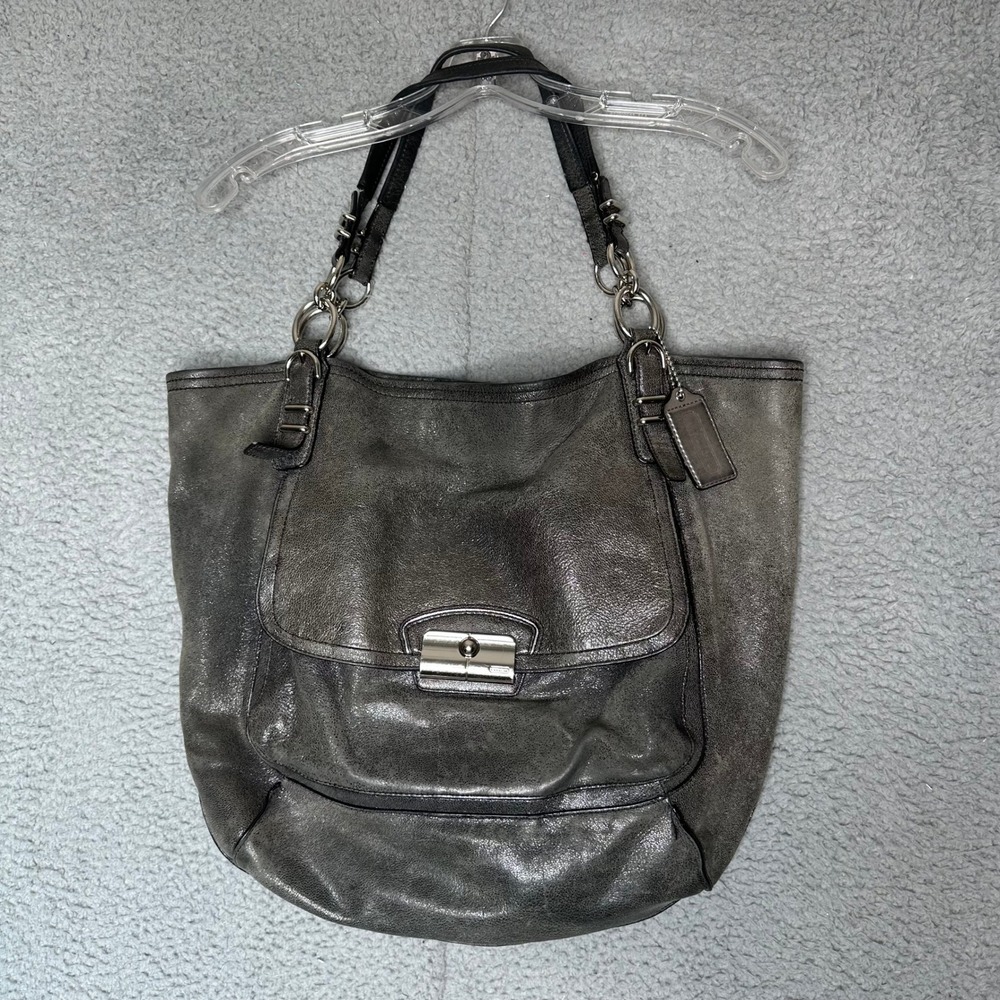 Coach Kristin Spectator Tote Gunmetal Metallic Leather Shoulder Bag F19385